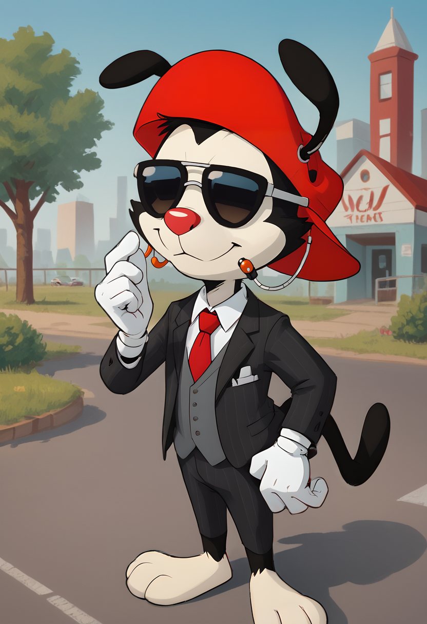 score_9, score_8_up, score_8,   <lora:Wakko_Warner_Animaniacs_for_PonyXL:0.8> 1boy, furry, animal ears, w4kk0, hat, red headwear, white gloves, tail, suit, sunglasses, earpiece, outdoors, solo,