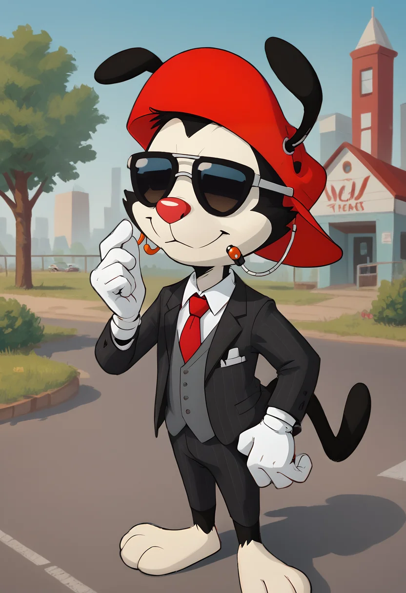 score_9, score_8_up, score_8, <lora:Wakko_Warner_Animaniacs_for_PonyXL:0.8> 1boy, furry, animal ears, w4kk0, hat, red headwear, white gloves, tail, suit, sunglasses, earpiece, outdoors, solo,