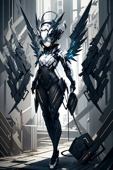 1girl,blue eyes,halo,wings,angel wings,neon trim,full body,<lora:Hellasthetic-v2:1>,<lora:Mechsuit:0.8>,