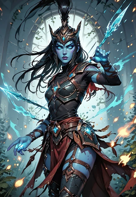 ((zPDXL3)), ((masterpiece,best quality, highly detailed)), ((score_9)), score_8_up, score_7_up, score_6_up, score_5_up, score_4_up, Digital painting style, brushstrokes, ((EnhanceImage)), solo, 1girl, KalistaLoLXL, blue sclera, colored sclera, blue lips, blue eyes, glowing eyes, black hair, long hair, helmet with very long ponytail, blue skin, colored skin, small breasts, spear, armor, breadchest, bare shoulders, bodysuit only shirt, black bodysuit shirt, (armor covered chest), spears pierced, guantlets, loincloth, hips armor, thigh vent, greaves, barefoot,
Expressiveh, 30yo, adult lustful confident woman, petite, slender body, perky saggy natural breasts, full lips, bangs, sidelocks, straps,
chinese magical sorceress, animated, swirling magic, wisps of magic, ((dancing pose)), tight squeezed outfit, magical accessories, evoking motion, conveying motion, dynamic splash art,
<lora:PainterlyFantasiaPDXL:0.6>,