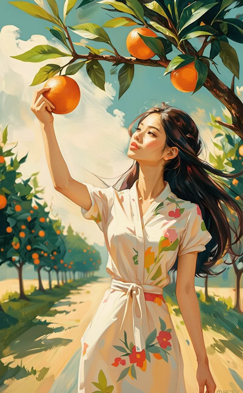 Anime style oil painting on seasoned canvas, capturing a serene and nostalgic moment.

A Vietnamese woman of about 20 years old, depicted in a tranquil orchard. She has long, straight, dark brown hair, flowing gently in the breeze. Her skin is a warm, light brown with a healthy glow. She wears a traditional Áo Dài in soft, pastel colors, adorned with delicate floral patterns. Her expression is one of gentle focus and contentment as she plucks an orange from the tree.

Top left: The orange hanging on a branch, depicted with vibrant hues of orange and green. The branch is adorned with lush green leaves, adding a touch of nature's beauty.

Bottom right: The woman with her arm outstretched, gracefully holding the orange hanging on the tree. Her slender fingers gently grasp the fruit, and her pose exudes elegance and simplicity.

Background: A picturesque orchard with rows of orange trees, their branches heavy with ripe fruit. The ground is covered in soft grass, and the warm sunlight filters through the trees, casting dappled shadows on the scene.

Lighting: Soft, natural sunlight creates a warm and inviting atmosphere. The light highlights the vibrant colors of the orange and the woman's attire, enhancing the overall aesthetic of the painting.

Camera: A balanced composition, capturing both the woman and the orange in a harmonious and serene scene. The ultra-sharp focus highlights the delicate details of the woman's attire, the orange, and the natural surroundings.

Art style fusion: Anime style with the rich textures and depth of oil painting on seasoned canvas. Delicate brushstrokes create a sense of warmth and nostalgia, while the vibrant colors and dynamic composition bring the scene to life.
