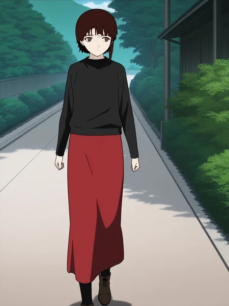 best quality, amazing quality, very aesthetic, absurdres, masterpiece, anime screencap, <lora:Lain_ILXLv0:1> iwakura_lain_\(sel\), walking, black shirt, red skirt, long skirt, brown footwear, outdoors