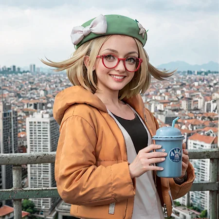 score_9, score_8_up, score_7_up, score_6_up, score_5_up, score_4_up, <lora:Bianca_Pokemon_BW2:1>, biancabw2,1girl, solo, blonde hair, beret, orange jacket, open jacket, white shirt, smile, glasses, outdoors, cityscape, white bow, hat bow, realistic,
