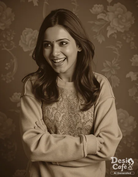 vintage sepia photo of Samantha Ruth Prabhu woman, hyper realistic photo that is safe for work, laughing, studio quality image, well dressed wearing intricate long sleevedsweatshirt, hair styled as straight hair,muted shaded wallpaper background that contrasts with the person, cinematic lighting,âââââ <lora:Samantha_Ruth_Prabhu_Flux_Kohya_V1-000001:0.8>âââ
