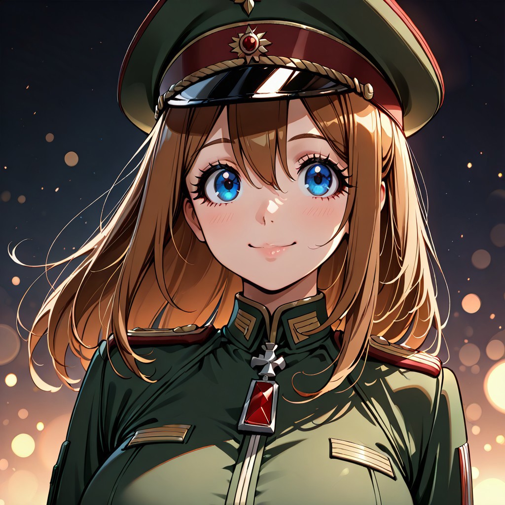 score_9, score_8_up, score_7_up, dynamic view, eye_focus, solo, looking_at_viewer, 1girl, 
masterpiece, best quality, bokeh, luminescent background,
( viktoriya ivanovna serebryakova, ,   brown hair, blue eyes, large breasts, long hair, hair between eyes, bangs, , brown belt,  long sleeves,   military jacket,  green military uniform, green military pants,   white gloves, peaked cap, black boots, )
portrait, happy