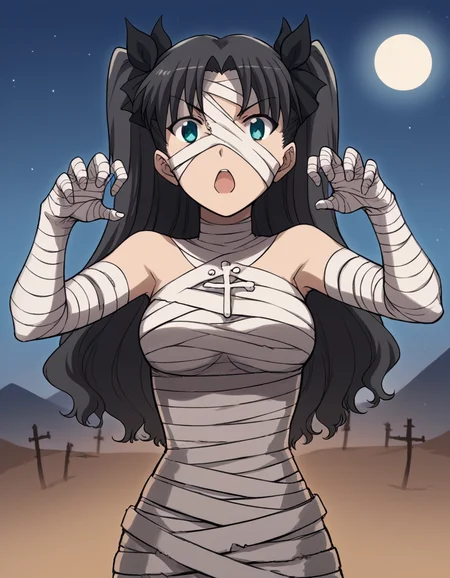 score_9, score_8_up, score_7_up, source_anime, <lora:carnivalphantasm-rin-tohsaka-ova-ponyxl-lora-nochekaiser:1>, rin tohsaka, aqua eyes, black hair, hair ribbon, long hair, ribbon, sidelocks, two side up, parted bangs, medium breasts,, <lora:mummy-costume-ponyxl-lora-nochekaiser:1>, mummy costume, bandages, halloween costume, bandaged arm, zombie pose, bandage on face,, desert, moon, night, open mouth, , dutch angle, cowboy shot