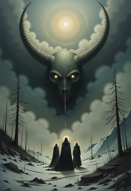 0n1r1c, Create this dramatic impasto artwork that decipts the three Norse Norns from the Völuspá poem of the Edda, stand on a vast, frozen ice field.
The sky is overcast with dark, brooding clouds, and the low-hanging sun casts an eerie, mystical glow over the scene.
The Norns wear long, heavy garments reminiscent of medieval Norse attire, and their faces are shrouded in mystery, adding to their enigmatic presence.
The atmosphere is calm, silent, and timeless, emphasizing the Norns' mystical nature as the weavers of fate. Surrounding them are ancient, withered trees and a distant silhouette of a rugged mountain range, further enhancing the otherworldly setting.
This dystopian, post-apocalyptic-style painting features a monochromatic scheme, primarily with shades of black, gray, and white.