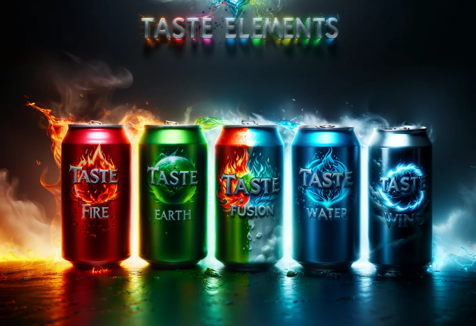 (Advertising of 5 canned sodas:1.4) with different elemental flavours, 4 elements, "TASTE ELEMENTS" text logo, elementalfusion can in center, glowneon, glowing, misty background, minimalistic text, perfect composition, dynamic lighting,
. Professional, modern, product-focused, commercial, eye-catching, highly detailed
<lora:add-detail-xl:2.0>,<lora:elements_blend:0.8> , <lora:glowneon_xl_v1:0.6>, <lora:Harrlogos_v1.1:1>