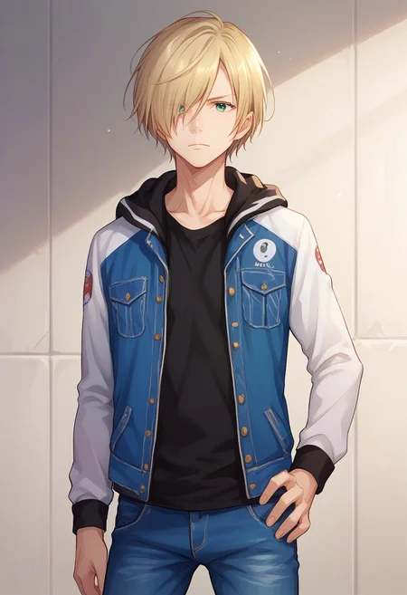 score_8_up, score_7_up, source_anime, highly detailed,
yurio, 1boy, male focus, blonde hair, green eyes, hair over one eye, solo, hoodie, jeans jacket, upper body, hand on hip, open jacket,
indoor,