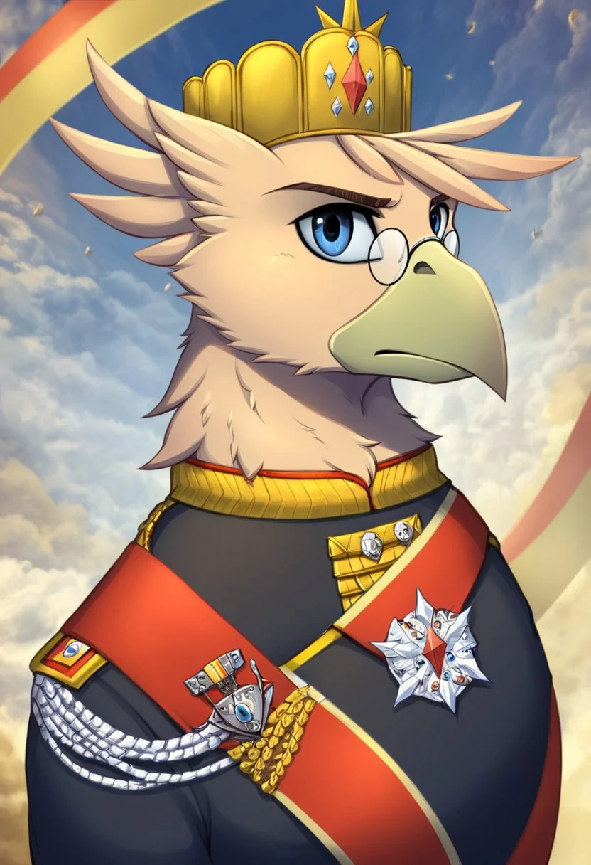 masterpiece, score_9_up, score_8_up, score_7_up, score_6_up, source_furry, (best quality:1.1), ultra-detailed, high resolution, solo, highly detailed macro illustration, solo, Grover VI, kaiser, griffon, griffon emperor, avian, beak, male, blue eyes, feathers, feathery ears, small round glasses, serious expression, kaiser crown, military royal clothes, medals, epaulettes, upper body, solo, detailed background, ornate royal hall, (golden frame:1.1), (intricate lighting:1.2), BREAK Highly Visible, sharp focus, perfect lighting, anatomically correct, extremely detailed, high detail, Expressiveh, detailed background