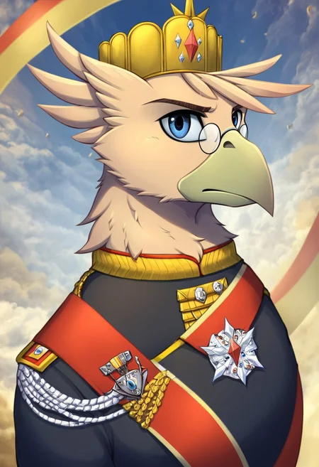 masterpiece, score_9_up, score_8_up, score_7_up, score_6_up, source_furry, (best quality:1.1), ultra-detailed, high resolution, solo, highly detailed macro illustration, solo, Grover VI, kaiser, griffon, griffon emperor, avian, beak, male, blue eyes, feathers, feathery ears, small round glasses, serious expression, kaiser crown, military royal clothes, medals, epaulettes, upper body, solo, detailed background, ornate royal hall, (golden frame:1.1), (intricate lighting:1.2), BREAK Highly Visible, sharp focus, perfect lighting, anatomically correct, extremely detailed, high detail, Expressiveh, detailed background