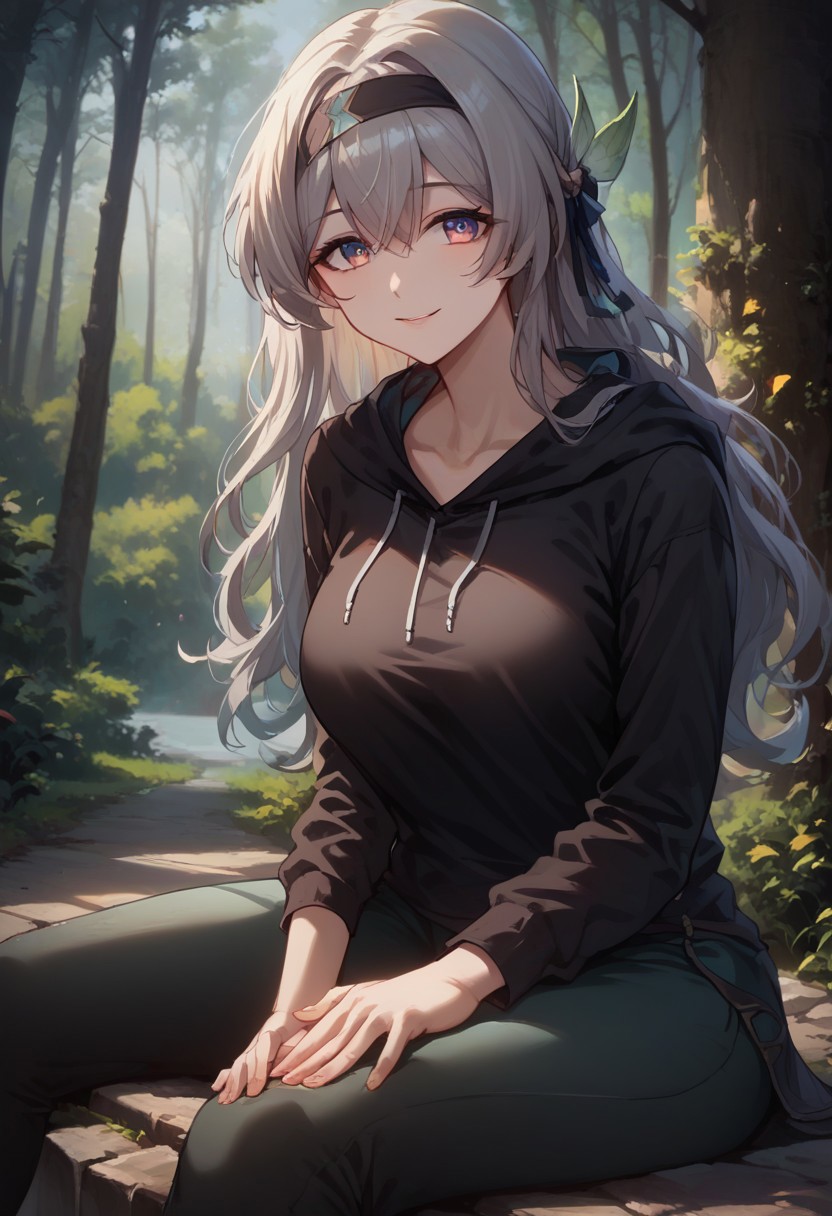 score_9, score_8_up, score_7_up, source anime, anime screencap, masterpiece, expressive eyes, perfect face, cinematic lighting, volumetric lighting, bloom, post processing, warm light, soft light, detailed background, detailed face, extremely detailed face, beautiful face,, 1 girl, solo,Firefly_Honkai, long hair, grey hair, , hairband , solo, , ,mature female, face down, ,black hoodie, black yoga pants, medium breasts,, , outdoors, satisfied, satisfied face, smile,,,  in forest, bush, tree trunk, sitting, looking at viewer