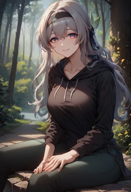 score_9, score_8_up, score_7_up, source anime, anime screencap, masterpiece, expressive eyes, perfect face, cinematic lighting, volumetric lighting, bloom, post processing, warm light, soft light, detailed background, detailed face, extremely detailed face, beautiful face,, 1 girl, solo,Firefly_Honkai, long hair, grey hair, , hairband , solo, , ,mature female, face down, ,black hoodie, black yoga pants, medium breasts,, , outdoors, satisfied, satisfied face, smile,,,  in forest, bush, tree trunk, sitting, looking at viewer