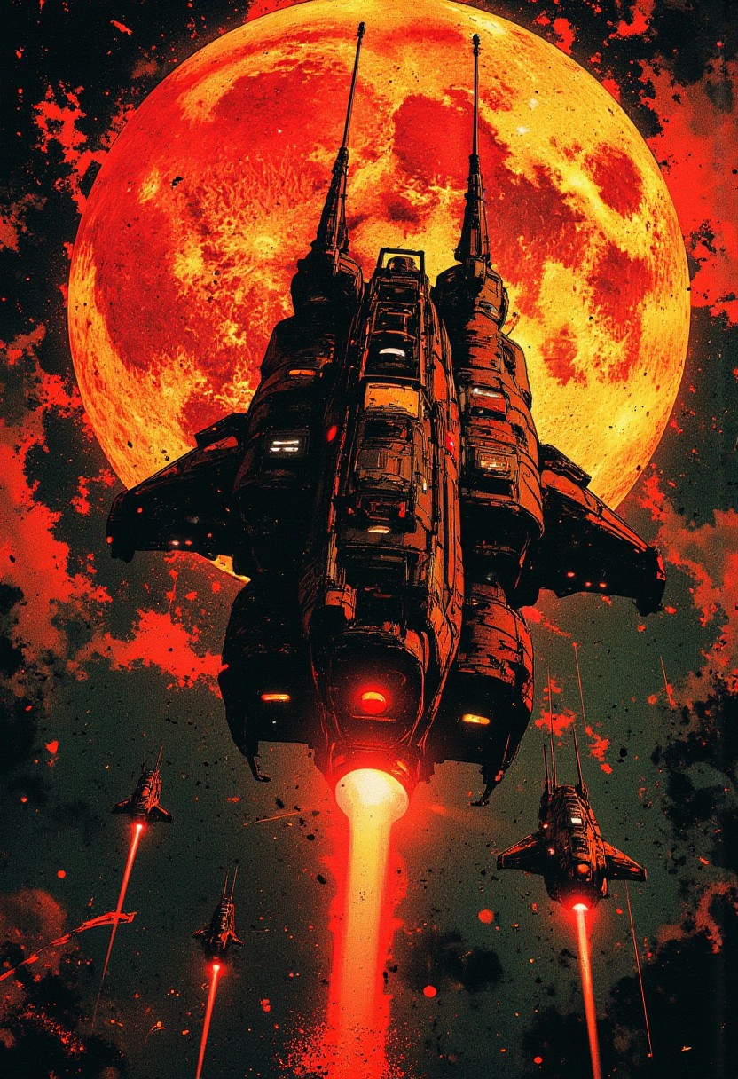 best quality, masterpiece, squadron of small military spacecraft, a supermassive dull sun in the background, cinematic, dynamic photorealistic image, vibrant, surreal colours, High Definition HD, High Detail, Perfect Composition, mythp0rt
