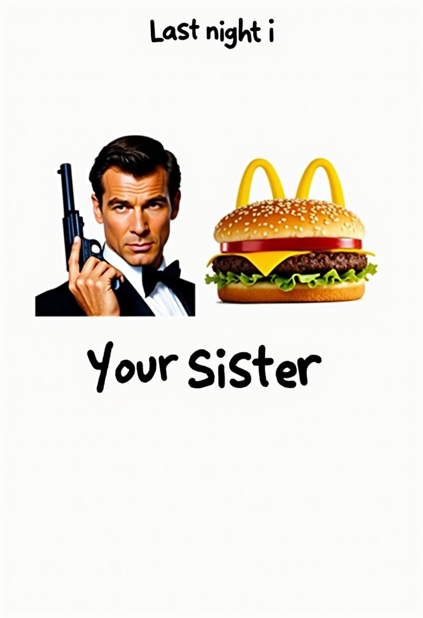 A simple white background. At the top, the text spells out 'Last night I'. On the left side of the image, there's a portrait of person as James Bond holding a gun. On the right side, there's an image of a McDonald's burger. At the bottom of the image, text spells out 'Your sister'. The text should be bold and clear."