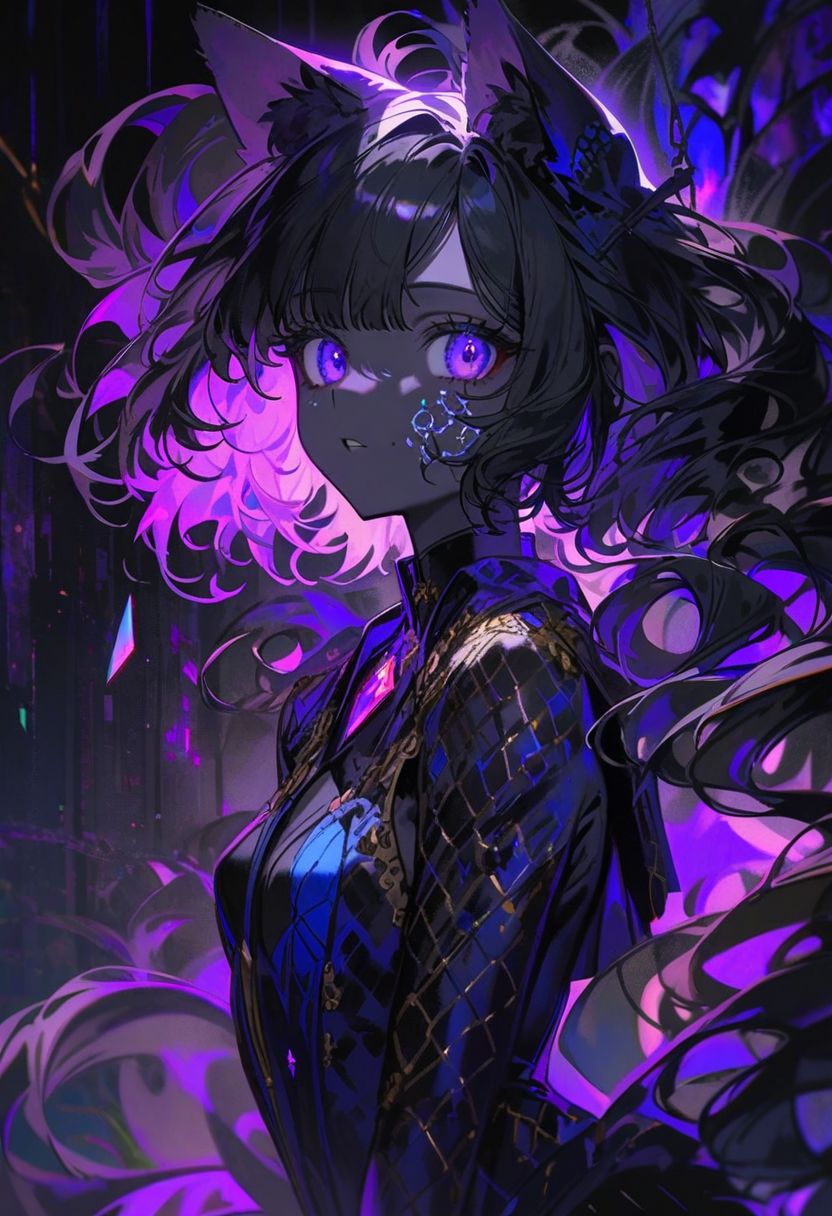 ((close up)), solo, masterpiece, best quality, very aesthetic, absurdres, bokeh light, (yoneyama mai:1.4), (quasarcake:1.2), ((parted lips)), 1girl, detailed lighting, rendered, beatiful eyes, perfect hair, detailed face and body,
 ((black skin)), small breast, scales on face, white mermaid tail, mermaid ears, hime cut bangs, curly hair, (((neon hair))),
Floating in the vastness of space, the ruins of the Star Citadel drift between colorful nebulae and fields of twinkling stars. Broken crystal structures reflect light from distant quasars, creating a kaleidoscope of cosmic colors. Arches and towers, etched with ancient runes and constellations, levitate, held together by mysterious energy. Asteroids covered in alien vegetation form hanging gardens, where luminescent plants grow in a symphony of blues and purples. Dimensional portals, framed by fragments of ruins, open to unknown worlds, their outlines pulsing with astral energy. The cosmic silence is interrupted by the gentle rustling of the solar winds, creating an ambiance that is both majestic and ethereal.