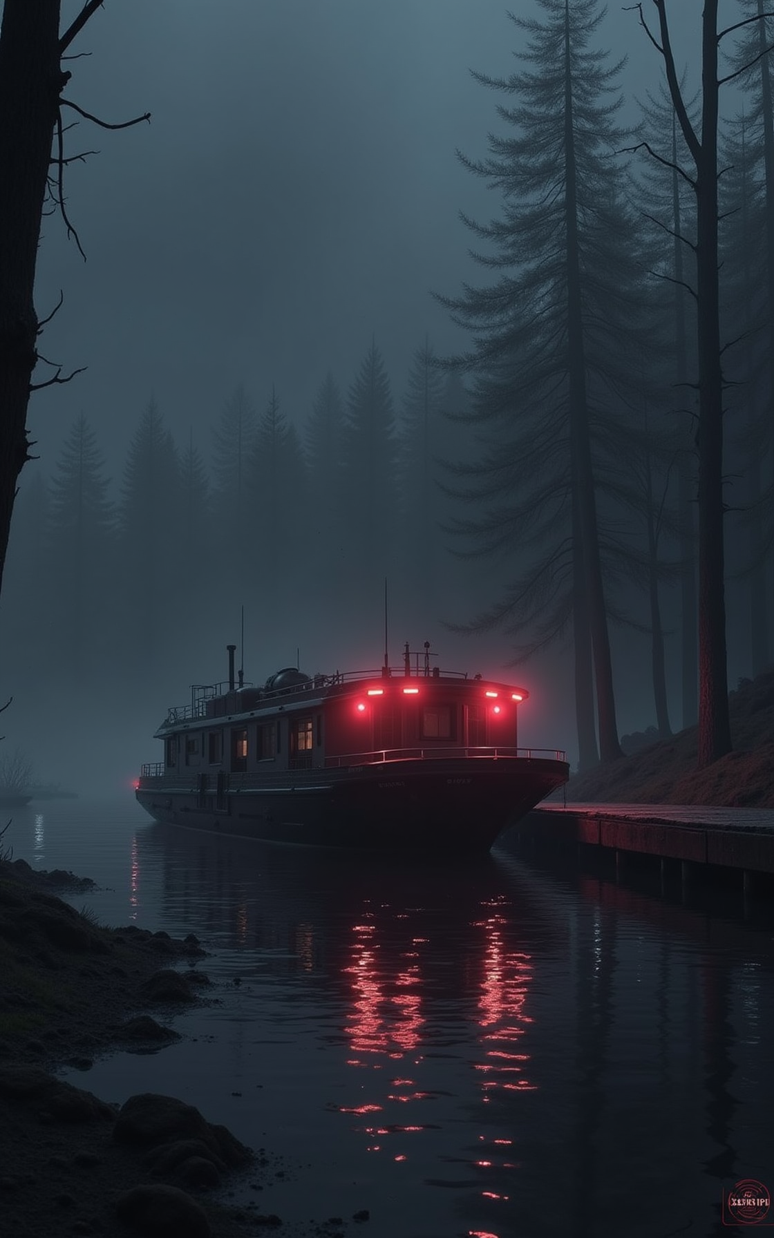 YFG-Aarchy schematic of Surreal Illustration: Dark, detailed depiction of a boat with glowing red lights at a foggy dock, mist-covered water reflecting the lights, distant trees blending into the mist, and a foreboding atmosphere enhanced by the eerie, dreamlike lighting and shadow play.