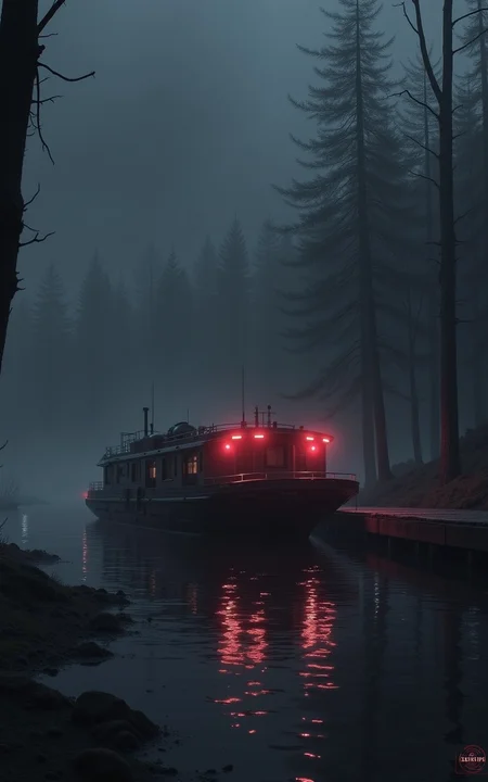 YFG-Aarchy schematic of Surreal Illustration: Dark, detailed depiction of a boat with glowing red lights at a foggy dock, mist-covered water reflecting the lights, distant trees blending into the mist, and a foreboding atmosphere enhanced by the eerie, dreamlike lighting and shadow play.