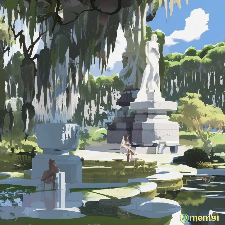 marble statues and cascading water fountains surrounded by the garden of eden, PaintStyle3