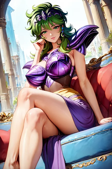 score_9,score_8_up,score_7_up,from below,
1girl,mature female,milf,sitting,sitting on couch,crossed legs,full body,inside,city,looking at viewer,head rest,from front,huge breasts,narrow waist,wide hips,
Best quality,masterpiece,soft light,official art,masterpiece,high quality,highres,absurdres,epic scene,natural textures,highest quality,8K,Ultra-HD,ultra detail,epic scene,natural textures,<lora:Ophiuchus Shaina Pony:1>,ophiuchus shaina,green eyes,green hair,hair ornament,purple hair ornament,snake hair ornament,armor,purple armor,