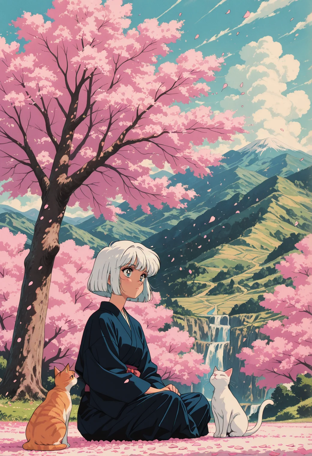 scenic shot, landscape, japanese style, wholesome, cherry blossom, cherry petals,
cat,
1women, short hair, bob cut, white hair,, masterpiece, best_quality, amazing_quality, very_aesthetic, 8k, high_quality, highres, absurdres, subject_focus,, anime screencap, anime coloring, pinkretroanime, retro art, in the style of cksc, <lora:ChronoKnight_Neurocore_Shadow_Circuit:0.6><lora:WhiteZ_AnimeScreencap:0.1><lora:Pinkielicious_RetroAnime:0.3>, <lora:AddMicroDetails_Illustrious:0.5>