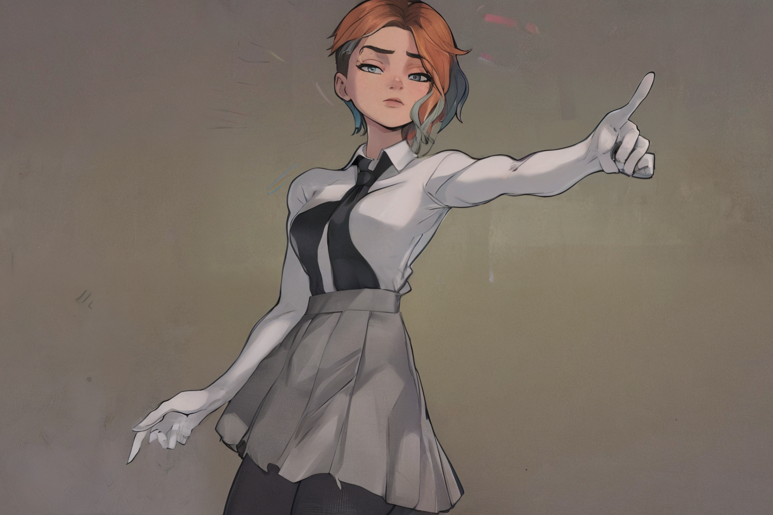 gwen, 1girl, black legwear, black necktie, blue skirt, breasts, collared shirt, cowboy shot, gradient, gradient background, looking at viewer, medium breasts, multicolored hair, necktie, pantyhose, pleated skirt, shirt, short hair, skirt, solo, standing, white shirt, white background, clear background, <lora:SVerse_Gwen-DEF:0.8>