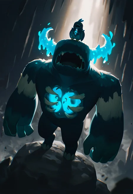 masterpiece, best quality, amazing quality, very aesthetic, absurdres, newest, detailed background, foreground blur, volumetric lighting,
warden, glowing horns, standing, solo, monster, open mouth, creature, teeth, no eyes, pokemon (creature), ribs, colored skin, ((wide head, big head,)),, no teeth, no humans, big arms, no hands, no wrists, wide body, short legs,
, dynamic angle, daytime, from above, birds on head, smile, sitting on rock,