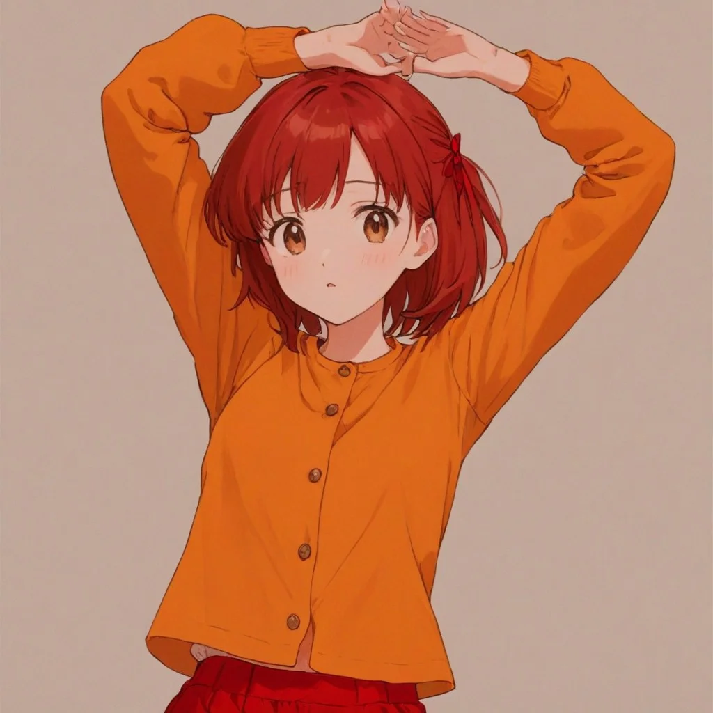 paw pose,1girl,(solo),arms up,brown colored medium hair,red hair ribbon,pink t-shirt tucked in,red shorts BREAK layer of clothes,long sleeves,orange collarless buttoned jacket,white roll up ankle socks,brown ankle boots,(filename)