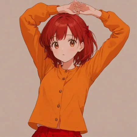 paw pose,1girl,(solo),arms up,brown colored medium hair,red hair ribbon,pink t-shirt tucked in,red shorts BREAK layer of clothes,long sleeves,orange collarless buttoned jacket,white roll up ankle socks,brown ankle boots,(filename)