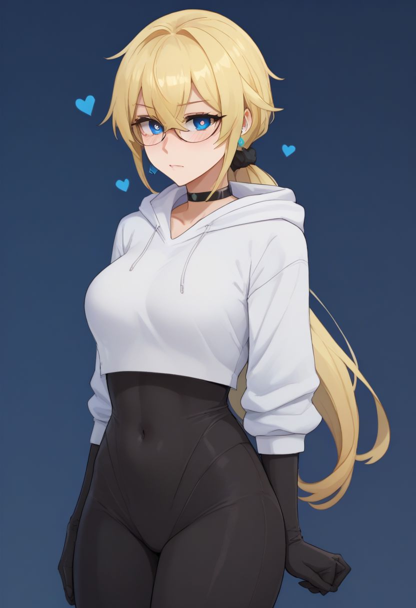 (score_9,score_8_up,score_7_up), 1girl, blue eyes, collarbone, large breasts, long hair, blonde - red hair, choker, Expressiveh, ((solo focus)),   long hair, low ponytail, very long hair, narrow waist, ponytail, blue eyes, blonde hair, gradient hair, hair scrunchie, solo focus, blush, 
masterpiece, absurd,raytracing
 black bodysuit,  black gloves, bodysuit, breasts, covered navel, cropped hoodie, dangle earrings, earrings, gloves,  hair behind ear ,  hair between eyes, hood,  hoodie,  jewelry, medium breasts,  white hoodie, chest belt,  heart shaped pupils, heart shaped eyes, embarrassed , lineart, 18 years old, megane, glasses,  standing,   
(lineart, line art, flat color, flat colors)