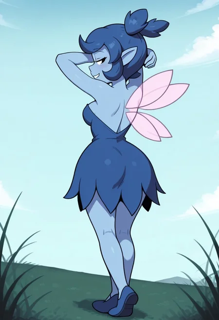 masterpiece,best quality,amazing quality,good quality, absurdres,solo,1girl,navi,fairy,colored skin,blue skin,blue hair,short hair,short twintails,bangs,pointy ears,black eyes,medium breasts,fairy wings,dress,blue dress,strapless dress,backless dress,bare shoulders,half-closed eyes,smile,teeth,arms up,arms behind head,standing,presenting ass,seductive,facing to the side,looking at viewer, from behind,full body,outdoors,tall grass,blue sky