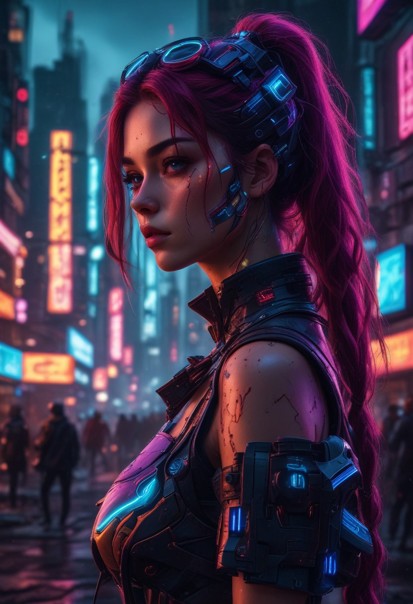 High resolution ultra-realistic of Beautiful Cyberpunk girl, 8k, capturing the intensity of the moment, cinematic lighting, standing on a troubled street in a futuristic city in a bloody battle, wavy red hair, realistic dirty pale face, realistic blue eyes, beautiful hourglass figure, realistic robotic hand, beautiful Sadie Sink as Cyberpunk girl, intricately designed tight cyberpunk-style clothing, Cyberpunk 2077 Aesthetic, perfect athletic figure, ultra realistic, cinematic style, vigorous and Alluring, athletic figure, Cyberpunk sci-fi neon style, dramatic lighting, wet and sweaty skin, dirty pale skin, athletic figure, dark sci-fi, dramatic lighting, Greg Rutkowski style, Cyberpunk girl on in cool dress, hyper-detailed, hyper-realistic, natural light, extremely intricat e details, masterpiece, epic, bright colours, Attractive 21 old years girl, beautiful firm Breasts, sharp focus, digital painting, Photograph Taken on Nikon D750, Alphonse Mucha, athletic figure, Hyperdetailed, hyperrealism, Attractive, Attractive bust girl, asymmetric balance