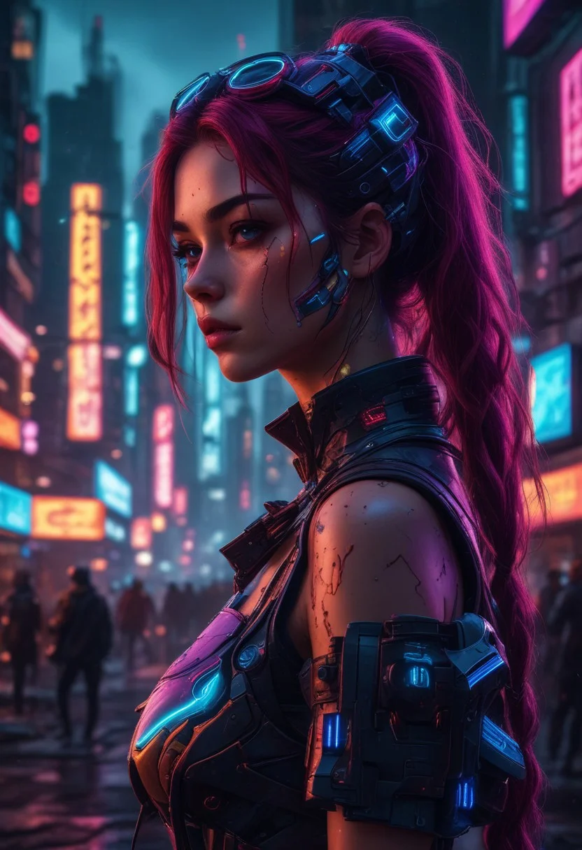 High resolution ultra-realistic of Beautiful Cyberpunk girl, 8k, capturing the intensity of the moment, cinematic lighting, standing on a troubled street in a futuristic city in a bloody battle, wavy red hair, realistic dirty pale face, realistic blue eyes, beautiful hourglass figure, realistic robotic hand, beautiful Sadie Sink as Cyberpunk girl, intricately designed tight cyberpunk-style clothing, Cyberpunk 2077 Aesthetic, perfect athletic figure, ultra realistic, cinematic style, vigorous and Alluring, athletic figure, Cyberpunk sci-fi neon style, dramatic lighting, wet and sweaty skin, dirty pale skin, athletic figure, dark sci-fi, dramatic lighting, Greg Rutkowski style, Cyberpunk girl on in cool dress, hyper-detailed, hyper-realistic, natural light, extremely intricat e details, masterpiece, epic, bright colours, Attractive 21 old years girl, beautiful firm Breasts, sharp focus, digital painting, Photograph Taken on Nikon D750, Alphonse Mucha, athletic figure, Hyperdetailed, hyperrealism, Attractive, Attractive bust girl, asymmetric balance