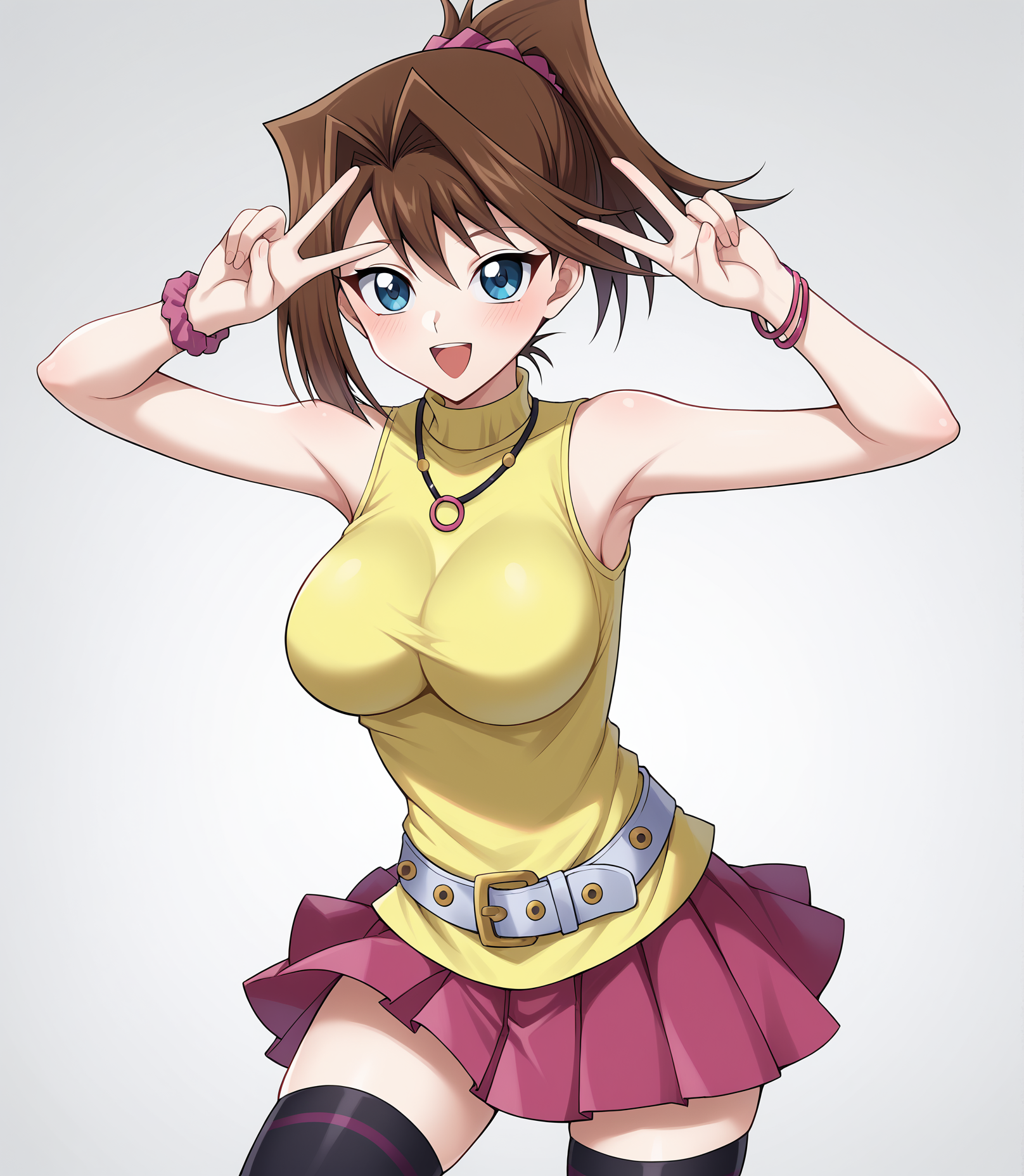 score_9, score_8_up, BREAK, source_anime, best quality, masterpiece, 2d, intricate details, official style, anime, 4k, anime style,
anzuskirt, 1girl, solo, blue eyes, short hair, brown hair, hair ornament, high ponytail, ponytail, large breasts, medium breasts, breasts, mazaki anzu, yu-gi-oh!,
shirt, skirt, thighhighs, bare shoulders, jewelry, o-ring, pleated skirt, sleeveless, belt, miniskirt, necklace, bracelet, zettai ryouiki, sleeveless shirt, turtleneck, scrunchie, pink skirt, black thighhighs, yellow shirt, sleeveless turtleneck, scrunchie, pink scrunchie,
hands up, arms up, double v, v, cowboy shot, looking at viewer, simple background, white background, gradient background, <lora:add_details_xl:0.4>, <lora:Anzu1024_Pony:1>