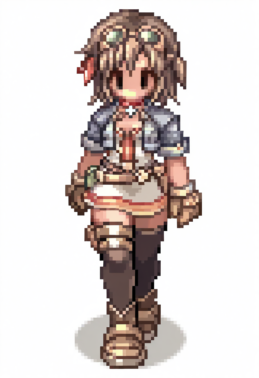 <lora:[illuXL] ROSPRITE v2.1c (Leem0nStudio):1> ragnarok online character, black filled oval eyes, no sclera, no mouth, pixel, <lora:[illuXL] Sera Kanat (SomeSloppyBoi):0.9> Sera Kanat, 1girl, solo, brown hair, short hair, one side up, (red eyes:0), goggles on head, hair ribbon, red ribbon, red choker, blue jacket, cropped jacket, short sleeves, multicolored dress, short dress, brown belts, multiple belts, belt pouch, black thighhighs, thigh belts, brown gloves, brown ankle boots, facing viewer,