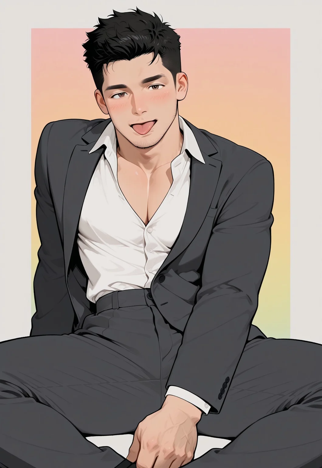 hu99y, flat color, 1boy, stubble, full body, sitting, black_hair, open collar, open grey suit, open white shirt, open mouth,
,colorful_background,
,(eyelashes), blush, (mature), (perfect_brown_eyes:1.2), windy, dynamic shot, open mouth, lips, tongue out, (lick his hand:1.2)
,masterpiece, best quality, very aesthetic,absurdres,newest, highest detailed, windy, film grain, look at viewer, muted color, limited palette, handfixer