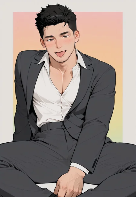hu99y, flat color, 1boy, stubble, full body, sitting, black_hair, open collar, open grey suit, open white shirt, open mouth,
,colorful_background,
,(eyelashes), blush, (mature), (perfect_brown_eyes:1.2), windy, dynamic shot, open mouth, lips, tongue out, (lick his hand:1.2)
,masterpiece, best quality, very aesthetic,absurdres,newest, highest detailed, windy, film grain, look at viewer, muted color, limited palette, handfixer