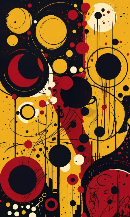 4n1v3rs3, zPDXL2, (Rome city silhouette), abstract yellow, red, and black artwork in the style of Kandinsky with circles and dots against a dark background with dark tones, yellow highlights, and yellow paint splashes framed against a dark yellow background in a graffiti style on a dark red background, SimplePositiveXLv2, <lora:add-detail-xl:2>