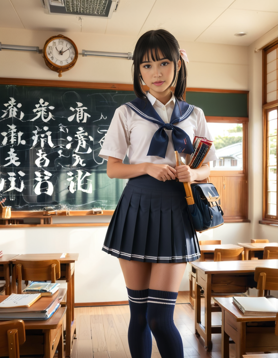 A Japanese schoolgirl standing in a traditional Japanese classroom during daytime. She wears a classic navy blue and white sailor-style school uniform with a pleated skirt, a ribbon tied at the collar, and knee-high socks. She has neatly styled black hair, possibly in a ponytail or straight with bangs, and carries a school bag over one shoulder. Her expression is calm and focused, with a hint of curiosity or determination.
The classroom features wooden desks and chairs arranged in rows, a large chalkboard with neatly written Japanese characters, and sunlight streaming in through large windows that reveal cherry blossom trees outside. Educational posters with kanji and hiragana are displayed on the walls, and a clock hangs above the board. The atmosphere is warm and nostalgic, capturing the essence of a Japanese school setting in a realistic and highly detailed photograph.
<lora:SDXLFaeTastic2400:0.4> <lora:extremely_detailed:0.4> extremely detailed, <lora:Japanese_cl4ssr00m:1>,Japanese cl4ssr00m, Masterpiece,best quality,hi res,8k,hi res,8k,award winning,(sharp focus, intricate, highly detailed),