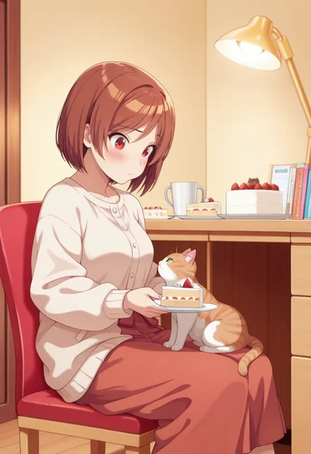 masterpiece,best quality,amazing quality, sakuramori akane, short hair, brown hair, red eyes, 1girl, food, cake, indoors, solo, cat, lamp, cup, sitting, chair, plate, blush, desk lamp