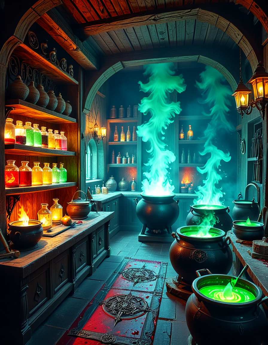 Hidden deep within the necromancerâs infernal domain lies a nightmarish kitchen, a grotesque fusion of alchemical laboratory and sacrificial chamber. The walls are carved from blackened bone and obsidian, pulsating faintly with necrotic energy. Faint green flames flicker in sconces made from twisted skeletal hands, casting eerie shadows across the macabre workspace. The air is thick with the scent of decay, ash, and something far worseâan indescribable aroma of corruption and dark magic.
At the center, a massive butcherâs table, scarred and stained with centuries of dried blood, serves as the primary workstation. Rusted, jagged knives, bone saws, and crude flesh-carving tools hang from hooks, their edges glistening with fresh remnants of something recently prepared. Nearby, grotesque cauldrons bubble with viscous, unnatural liquidsâblack ichor, boiling crimson blood, and glowing green elixirs swirl together, each concoction releasing haunting whispers as if infused with trapped souls.
Suspended from the ceiling, enormous iron hooks hold skinned carcassesâsome humanoid, others unrecognizable abominations stitched together from various creatures. Skeletal constructs, animated by unseen forces, mindlessly tend to the kitchen, stirring bubbling cauldrons and grinding unknown ingredients into fine powders using ancient, rune-etched mortars and pestles.
Along the walls, towering shelves hold disturbing "ingredients" sealed in glass jars: floating, disembodied eyes that track movement, severed hands that twitch sporadically, and writhing black worms that exude a thick, putrid slime. Bundles of dried, withered herbsâsome glowing faintly with infernal energyâhang from the rafters, alongside strips of preserved flesh, their origins best left unspoken.
In one corner, a massive, rune-inscribed oven burns with an unnatural, ghostly blue flame. The heat does not come from firewood but from the tormented souls bound within, their agonized wails fueling its endless infernal blaze. A massive iron cauldron sits atop a cracked stone hearth, where a thick, bubbling stew churnsâits surface occasionally breaking as something beneath struggles, clawing weakly before sinking back into the depths.
This is not a place for feastingâit is a workshop of the grotesque, where ingredients are harvested, flesh is repurposed, and the very essence of undeath is distilled into unholy nourishment. No living creature eats hereâonly the dead, the damned, and the things that should not be.
Style & Mood :
- Dark fantasy, gothic horror, necromantic aesthetics
- Cinematic, high-detail, eerie lighting
- Infernal atmosphere, filled with shadows, glowing green and crimson energy, and grotesque details
- Inspired by the works of ZdzisÅaw BeksiÅski, H.R. Giger, and dark medieval sorcery
<lora:SDXLFaeTastic2400:0.4> <lora:extremely_detailed:0.4> extremely detailed, <lora:mysterious_4lch3my_sh0p:1> mysterious 4lch3my sh0p <lora:nightmarish_k1tch3n:1>,nightmarish k1tch3n, Masterpiece,best quality,hi res,8k,hi res,8k,award winning,(sharp focus, intricate, highly detailed),