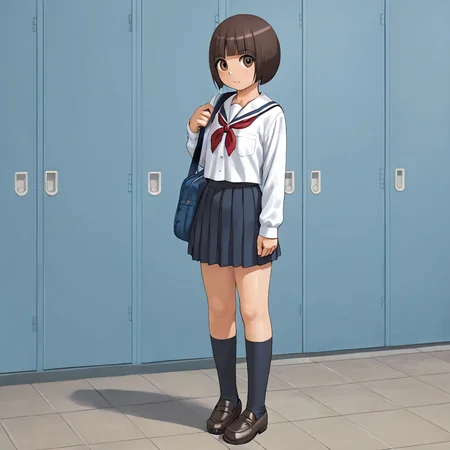 <lora:MaGeddon:1> onsayaka, 1girl, short hair, brown eyes, blunt_bangs, school uniform, full body,