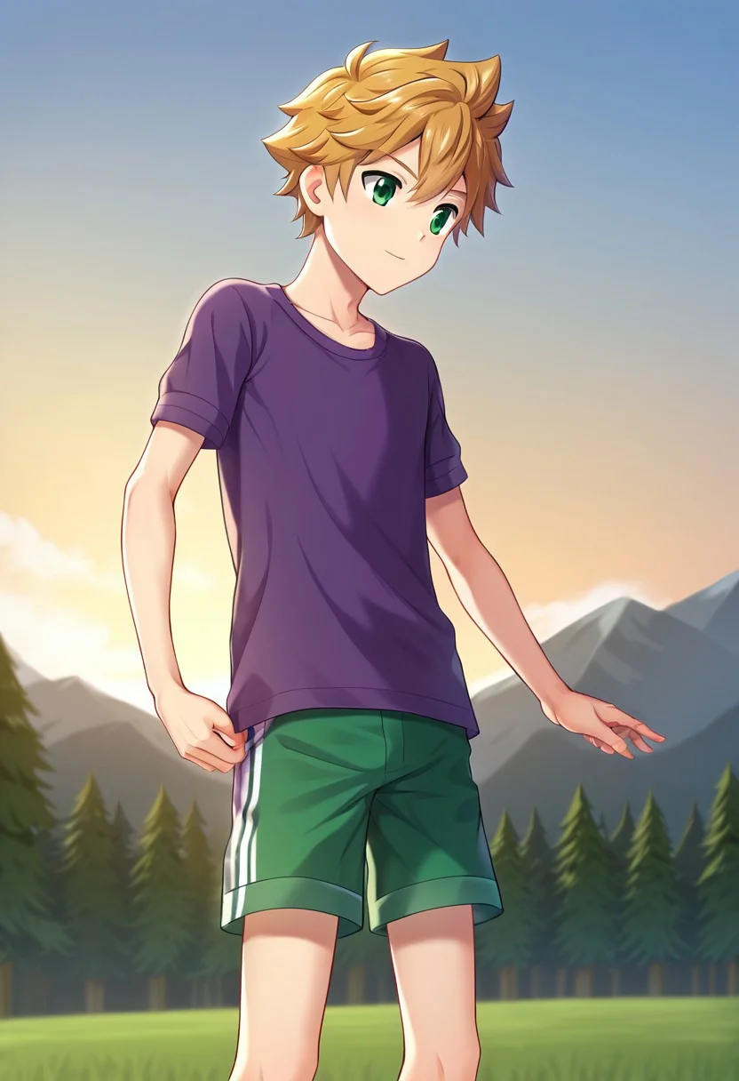 connor, blond hair, bangs. green eyes, short hair, camp buddy, boy, wear dark purple shirt, solo, young, small body, white half pants, outdoor, sunny day, clear sky, proportional body, (balance body:1.20), strong leg, handfixer