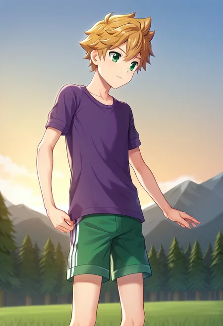 connor, blond hair, bangs. green eyes, short hair, camp buddy, boy, wear dark purple shirt, solo, young, small body, white half pants, outdoor, sunny day, clear sky, proportional body, (balance body:1.20), strong leg, handfixer