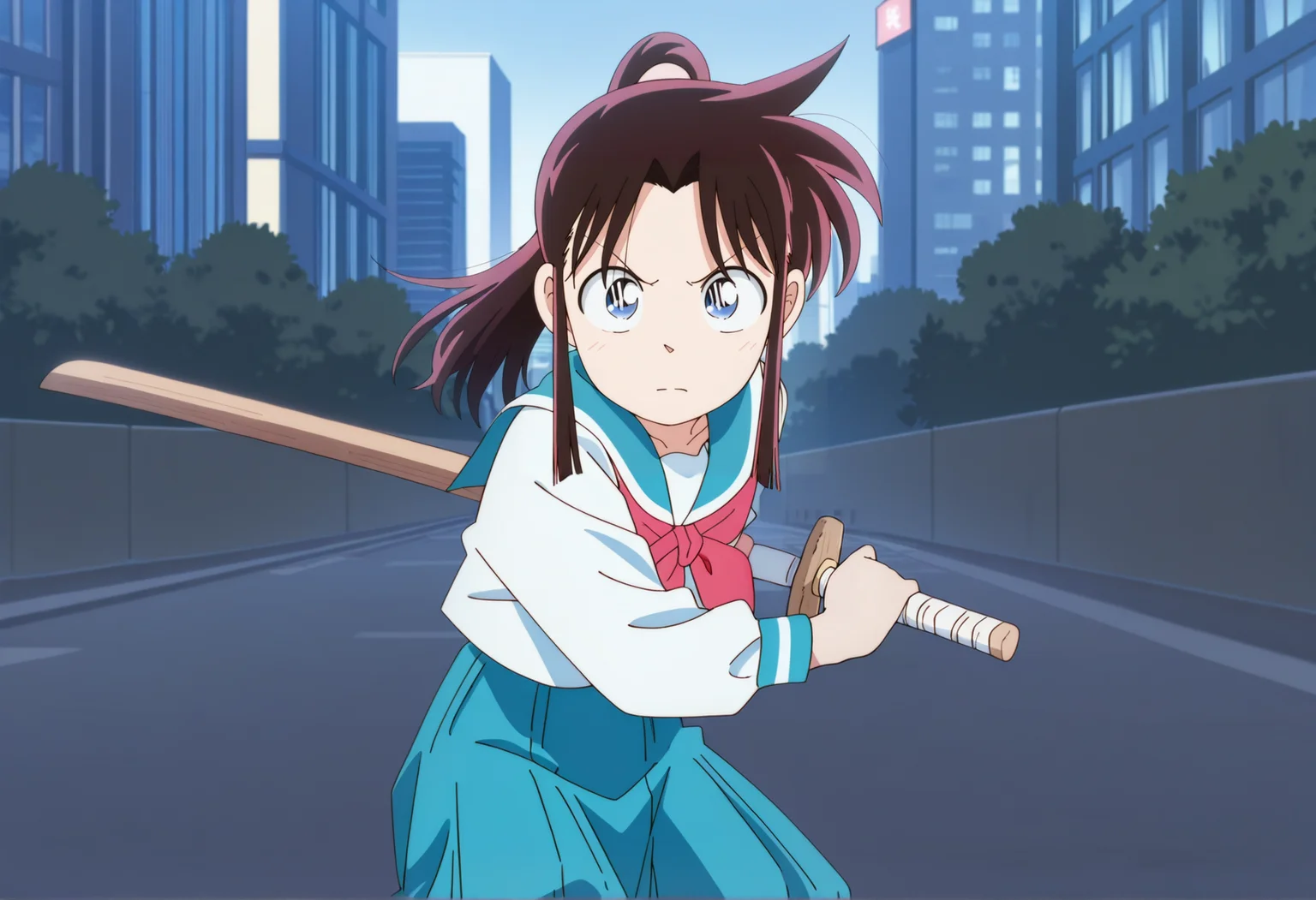 anime screencap, anime screenshot, anime coloring, cowboy shot, 1girl, brown hair, long hair, sidelocks, ponytail, blue eyes, serafuku, outdoors, city, looking at viewer, serious, holding wooden sword, fighting stance, <lora:saya_yaiba:1>, masterpiece, best quality, amazing quality, very aesthetic, absurdres, highres, newest