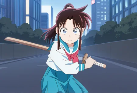 anime screencap, anime screenshot, anime coloring, cowboy shot, 1girl, brown hair, long hair, sidelocks, ponytail, blue eyes, serafuku, outdoors, city, looking at viewer, serious, holding wooden sword, fighting stance, <lora:saya_yaiba:1>, masterpiece, best quality, amazing quality, very aesthetic, absurdres, highres, newest