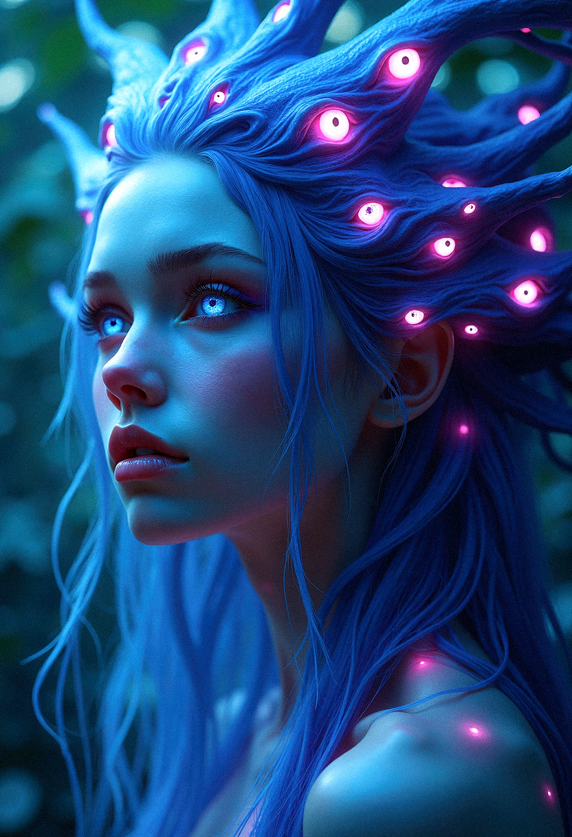 an ultra-realistic portrait of a mystical entity with long, flowing hair-like tendrils embedded with numerous eyes glowing in shades of blue, purple, and pink. Her own eyes, large and reflective, should mirror the colors of the embedded eyes, and her facial expression should convey a serene, cosmic awareness. The tendrils should have a smooth, flowing texture, with seamless color transitions that create a wave-like movement around her face and shoulders. Each eye should be photorealistically detailed, with soft light reflections that enhance the eerie yet captivating quality of the image. The background should be a subtle gradient, giving the impression that she is suspended in a dreamlike, infinite space. Shadows and highlights should be used to add depth and enhance the surreal, otherworldly atmosphere.Soft blue and green glows scattered around, hinting at bioluminescent plants.

