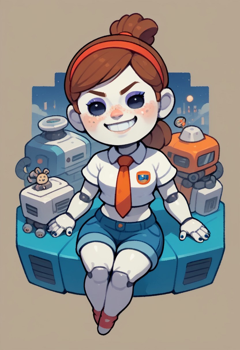 score_9, score_8_up, score_7_up, score_6_up, score_5_up, score_4_up,  art by Frank Miller, robot girl, 1girl, pale skin, portrait, solo, upper ponytail, shorts, chibi, Stripknotted shirt, tie-front shirt, navel, hair tie, hair band, freckles, eyeshadow, nails polish, sitting, night, mecha arms, cables, circuits, score_9_up, score_8_up, p, toothy grin