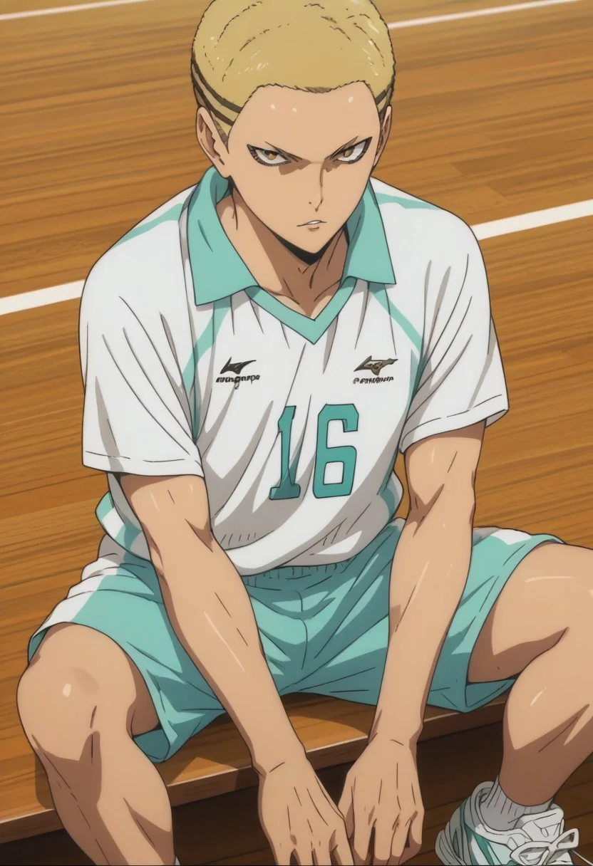 score_9, score_8_up, score_7_up, source_anime, rating_safe, Kenaikyu, 1boy, male focus, anime screencap, blonde buzz cut, light teal Aoba shirt, light teal Aoba shorts, white sneakers, sitting,