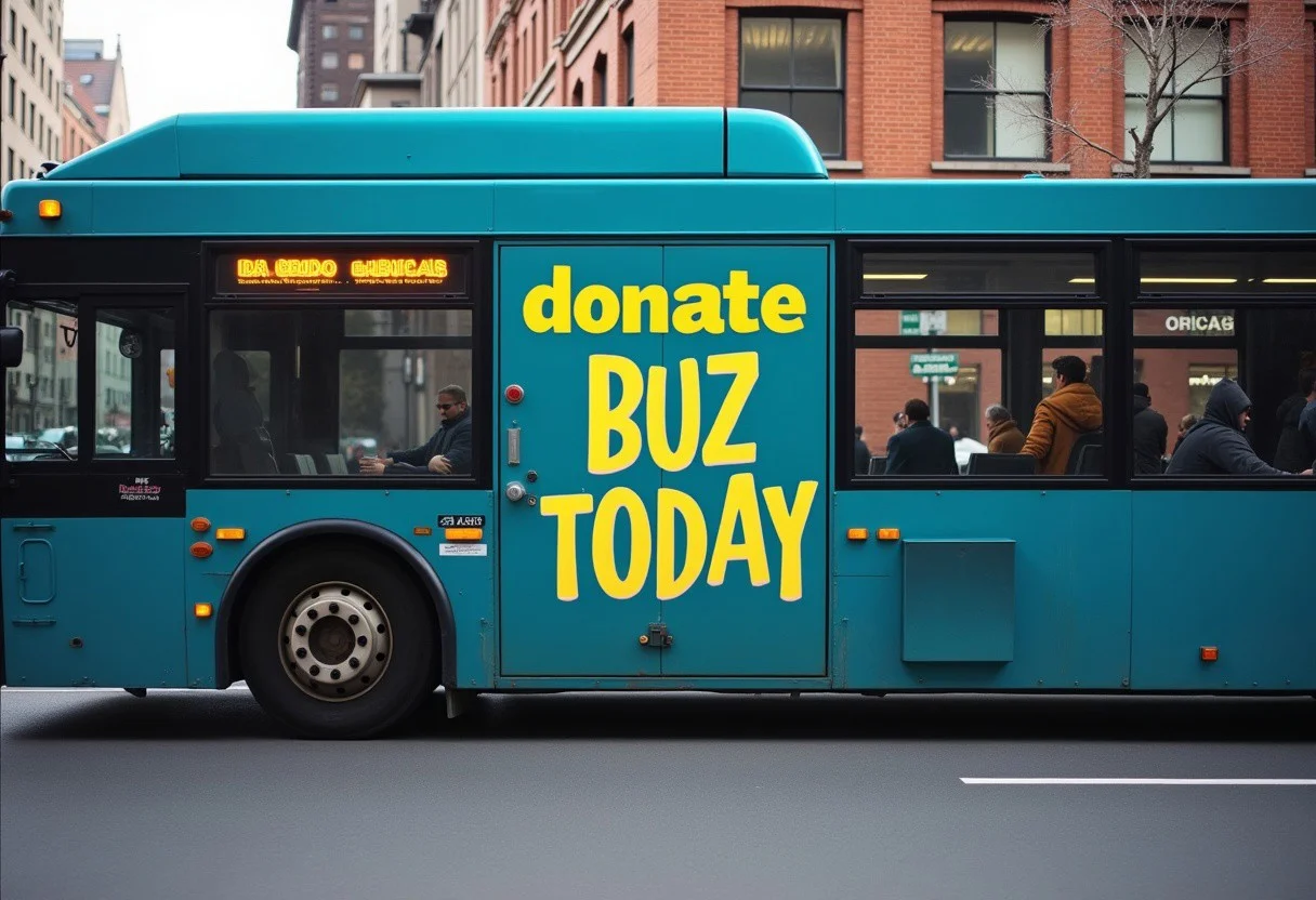 The advertisement on the bus says "donate buzz today"